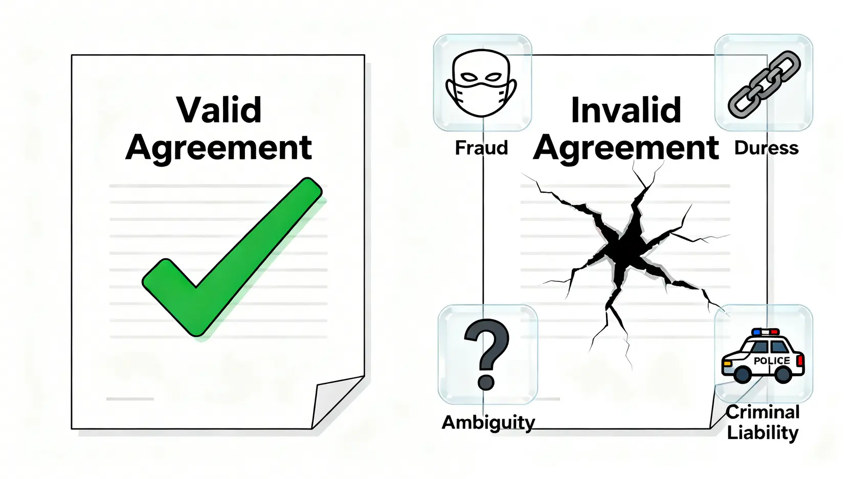 交通意外賠償協議書點簽至啱?5大必備條款+範本(私了前必讀) 3 一張對比圖,展示了有效的交通意外和解書與可能使其失效的四個條件:欺詐、脅迫、條款含糊及刑事責任。