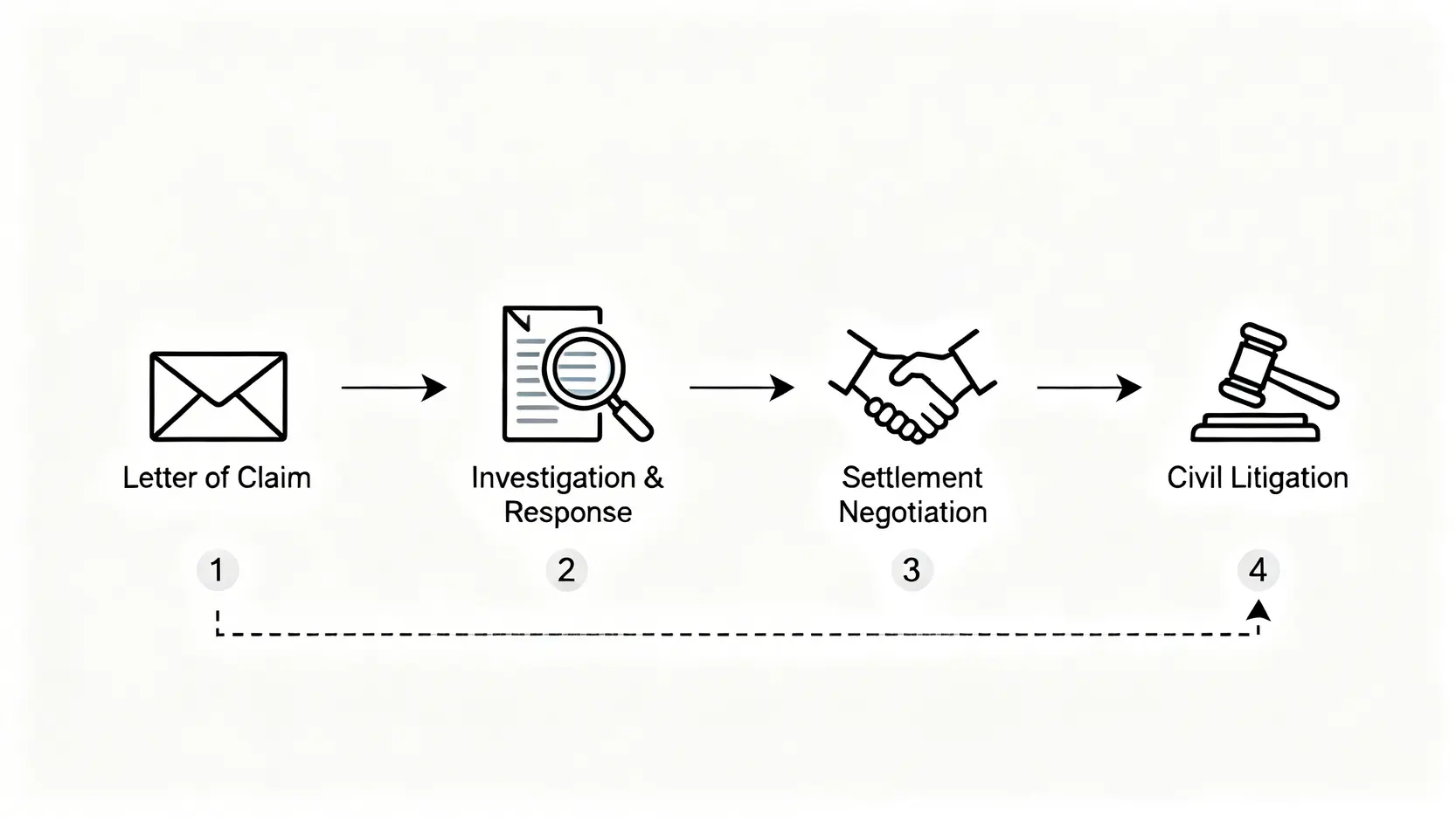醫療疏忽民事索償的四個主要步驟流程圖，從申索信函到民事訴訟。