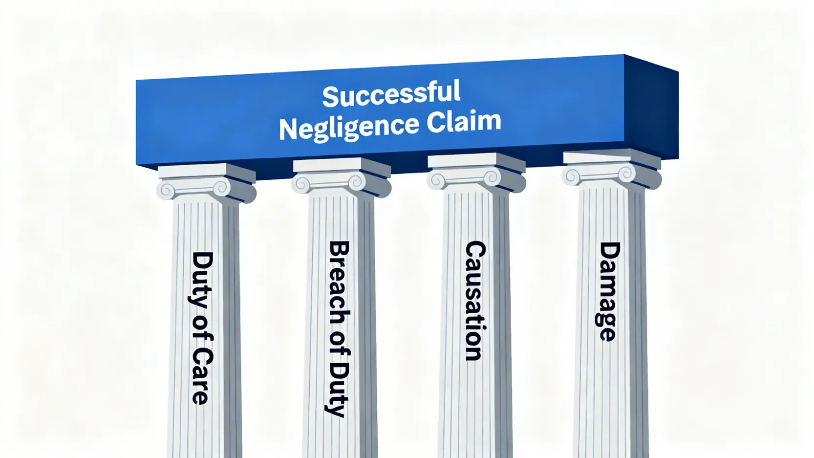 醫療疏忽的四大法律要素示意圖，包括注意責任、違反責任、因果關係和損害。