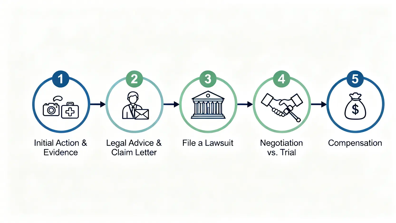 疏忽索償程序的五個步驟流程圖,從事發處理到獲得賠償。