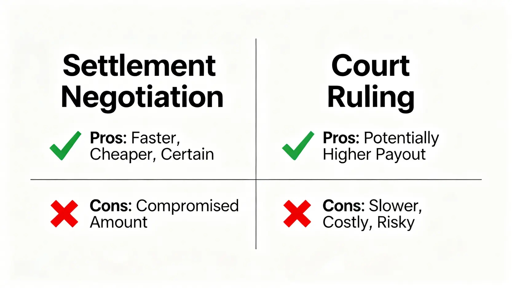 和解談判與法庭裁決的利弊對比圖。