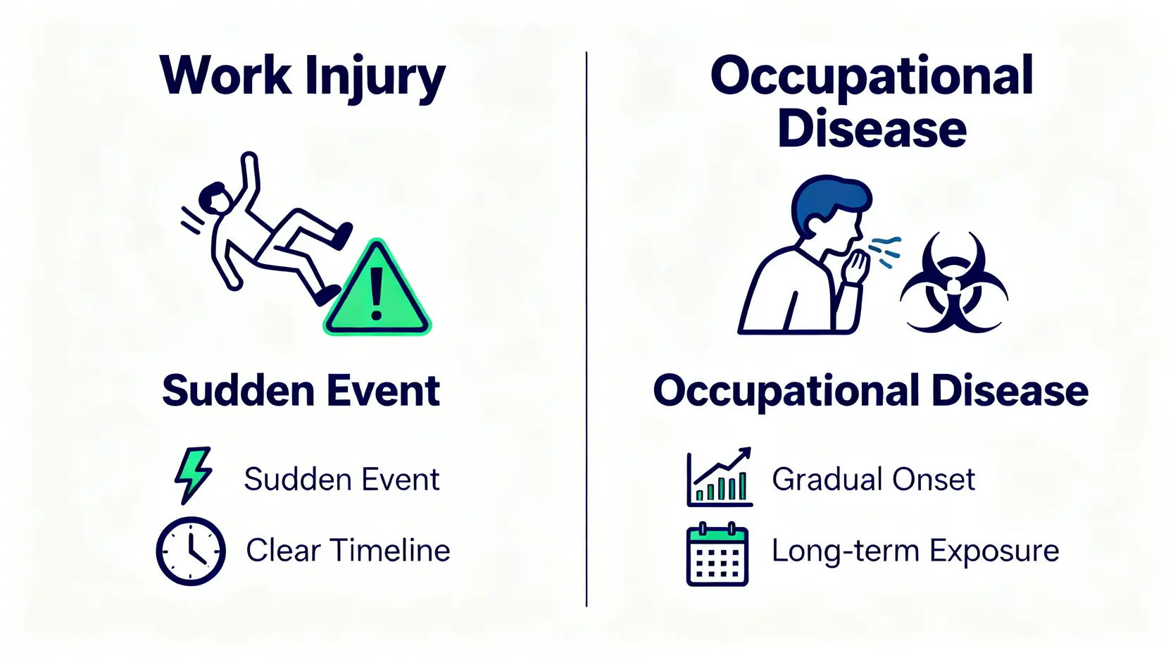 工傷意外與職業病的視覺化對比圖,展示了兩者在成因和時間性上的主要區別。