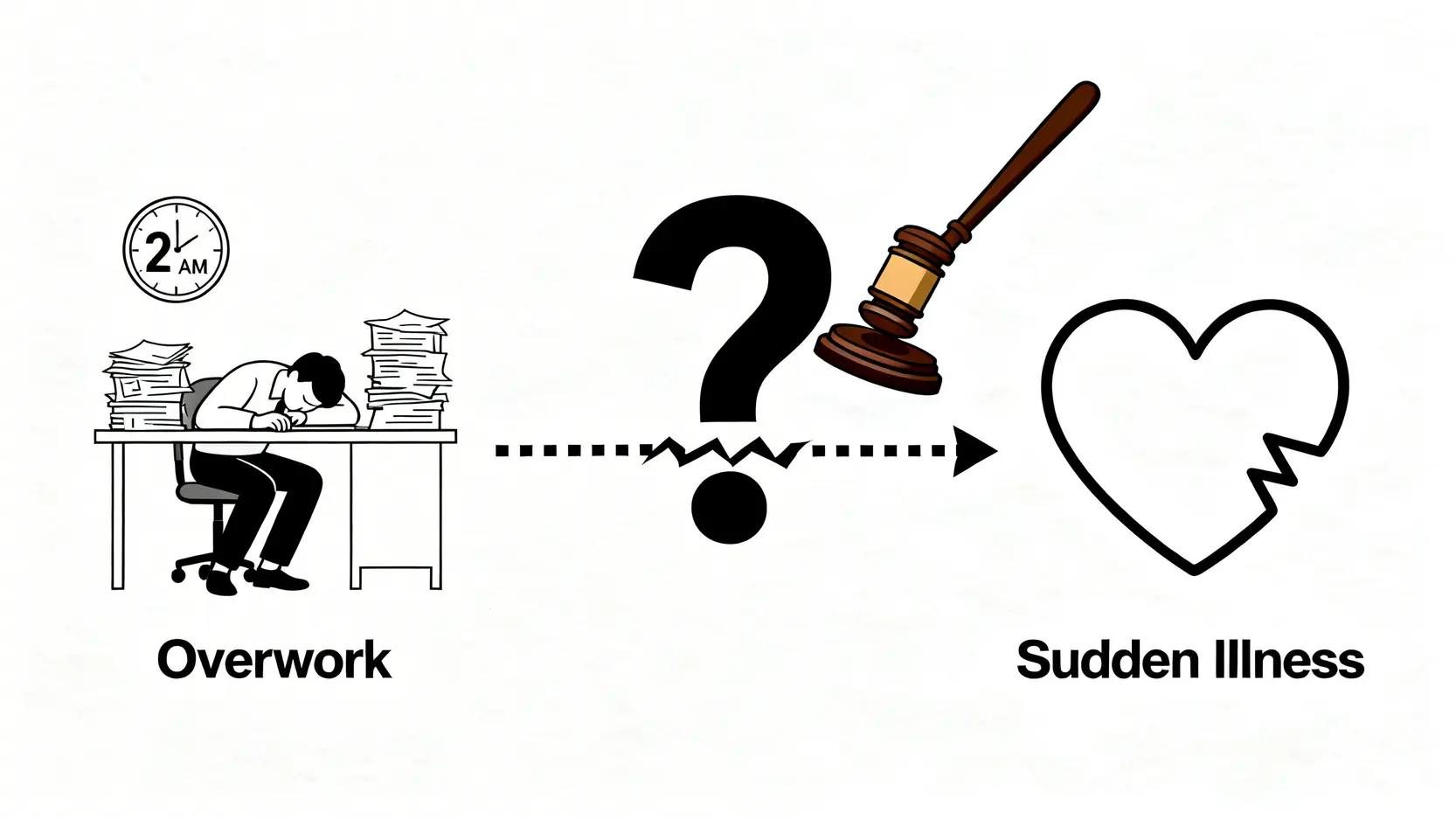 一張概念圖，說明「過勞死」難以被界定為工傷的法律挑戰，顯示工作壓力與死亡之間的因果關係難以證明。