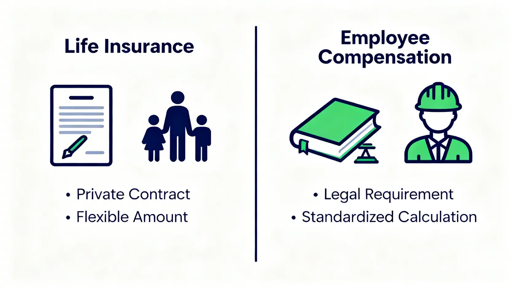 人壽保險與工傷死亡賠償兩大種類的對比圖，展示了兩者在法律基礎、性質和保障核心上的區別。