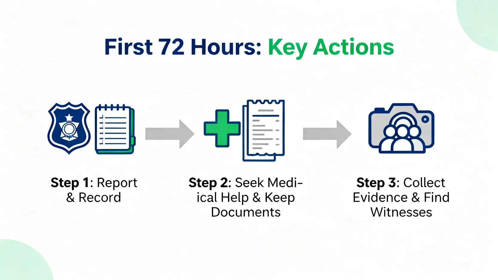 巴士意外發生後黃金72小時內的三個關鍵處理步驟流程圖,包括報警記錄、求醫保留單據、以及搜集證據。