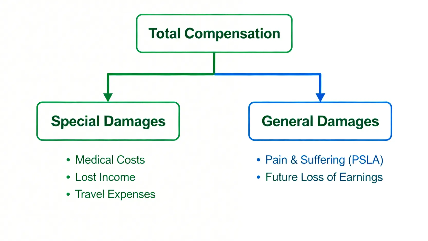 意外索償賠償金額計算方法圖解,分為專項損害賠償(醫療開支、收入損失等)和一般損害賠償(痛苦賠償等)。