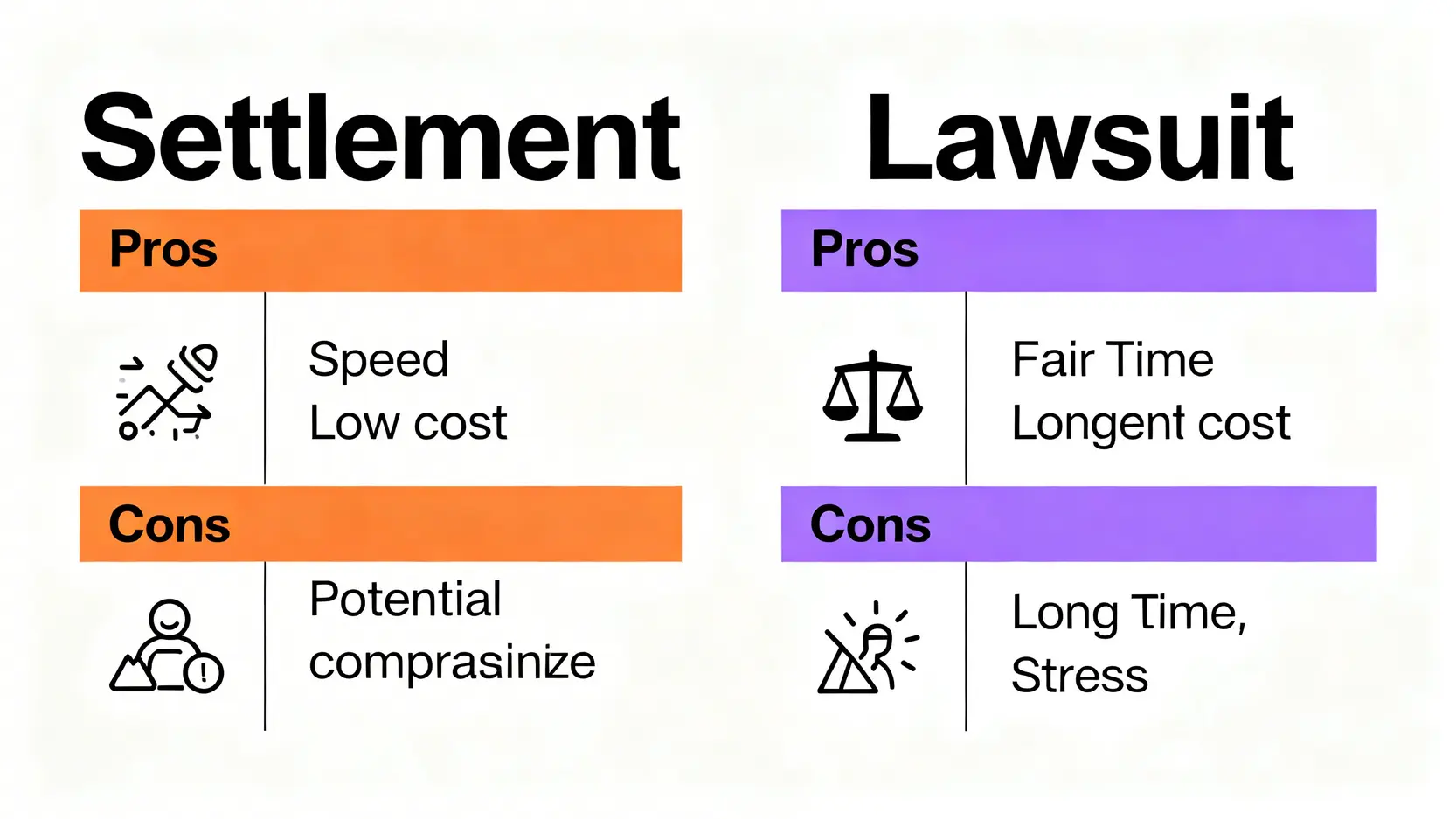 談判和解與法庭訴訟在意外索償中的優點與缺點對比圖。