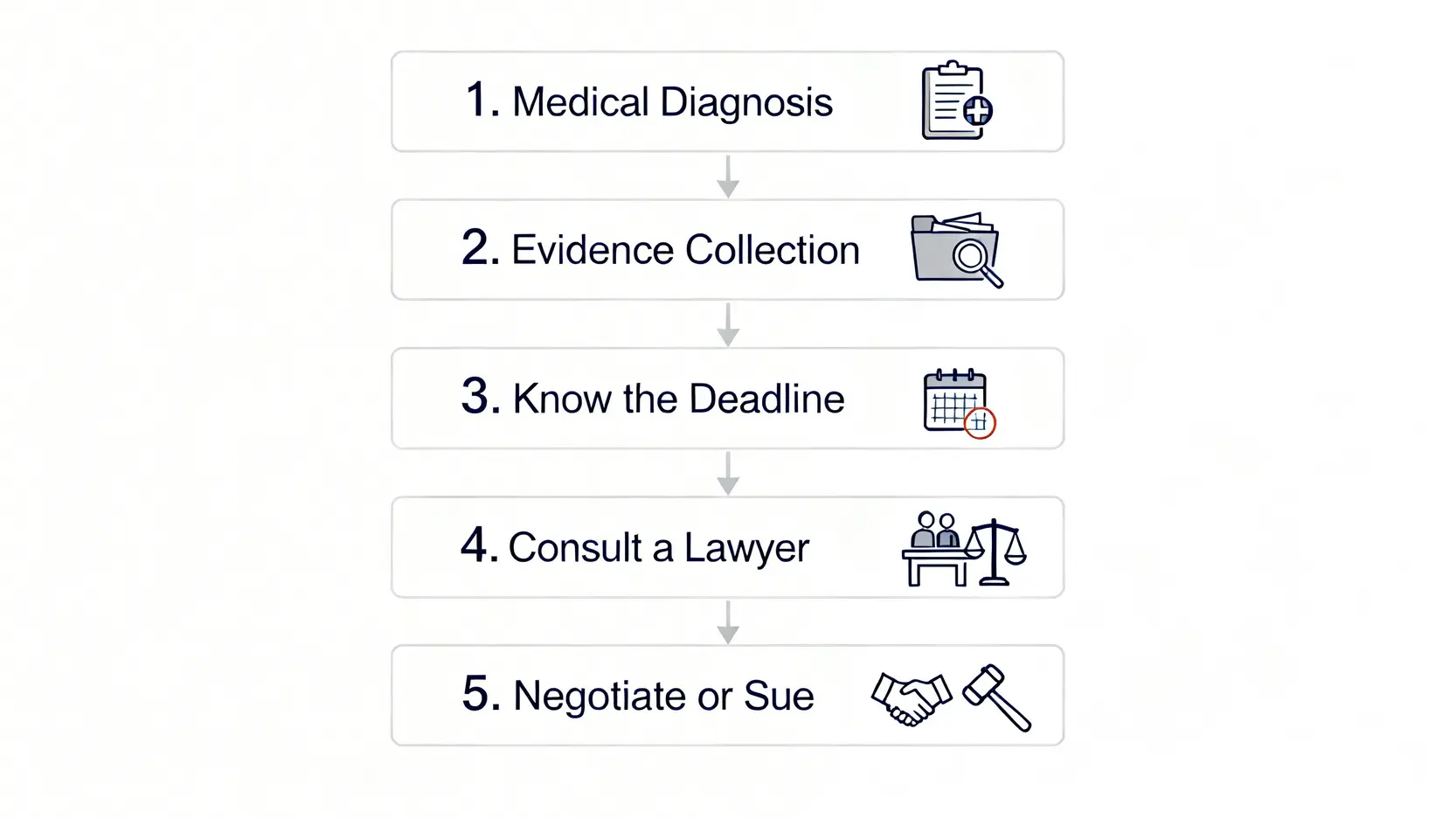一張展示精神創傷索償申請流程的五個步驟圖，包括尋求醫療診斷、保存證據、了解法定期限、諮詢律師以及談判或訴訟。