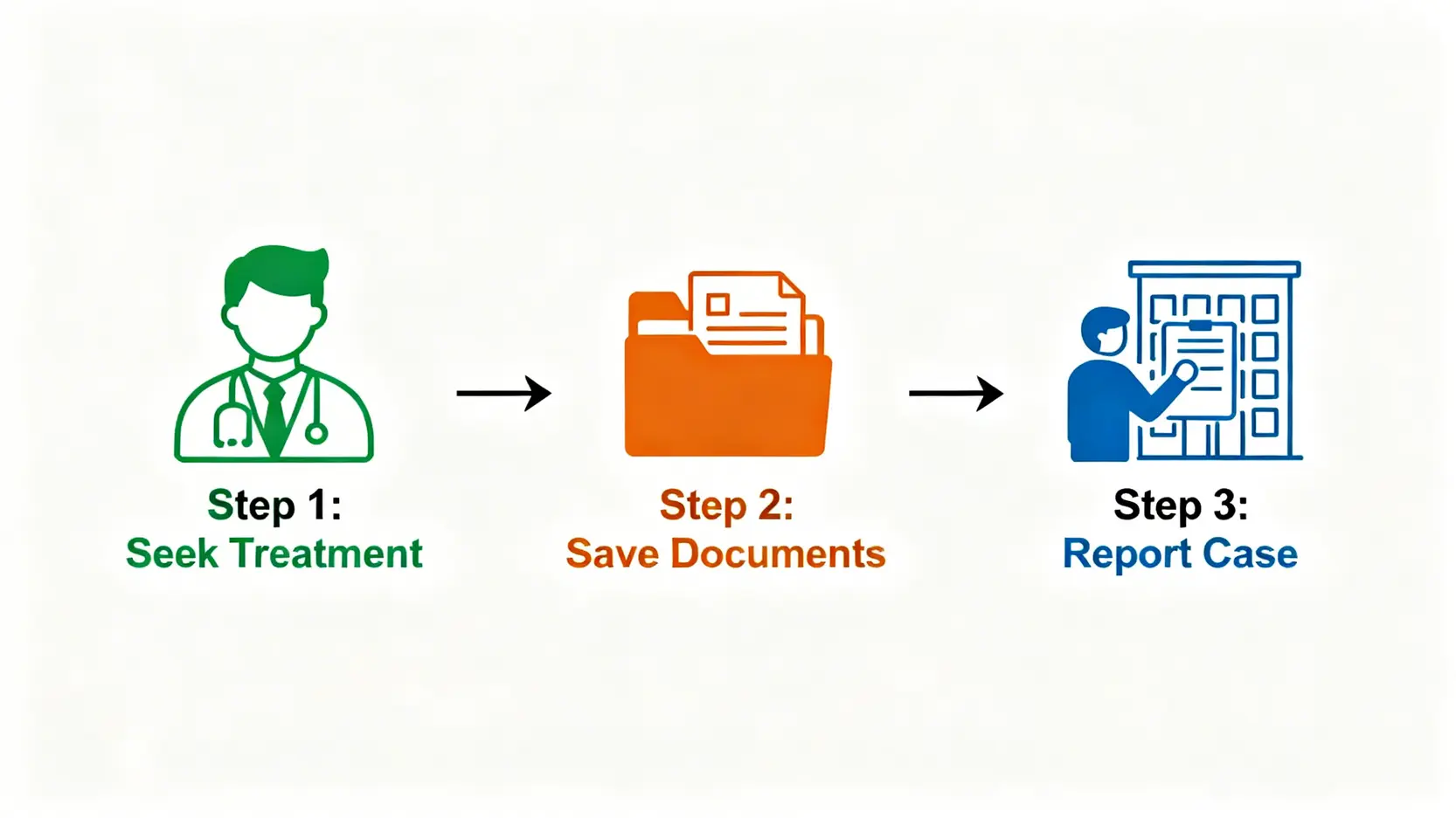 一張展示工傷索償流程的流程圖,包含三個步驟:立即求診、妥善保存單據、向僱主及勞工處呈報。