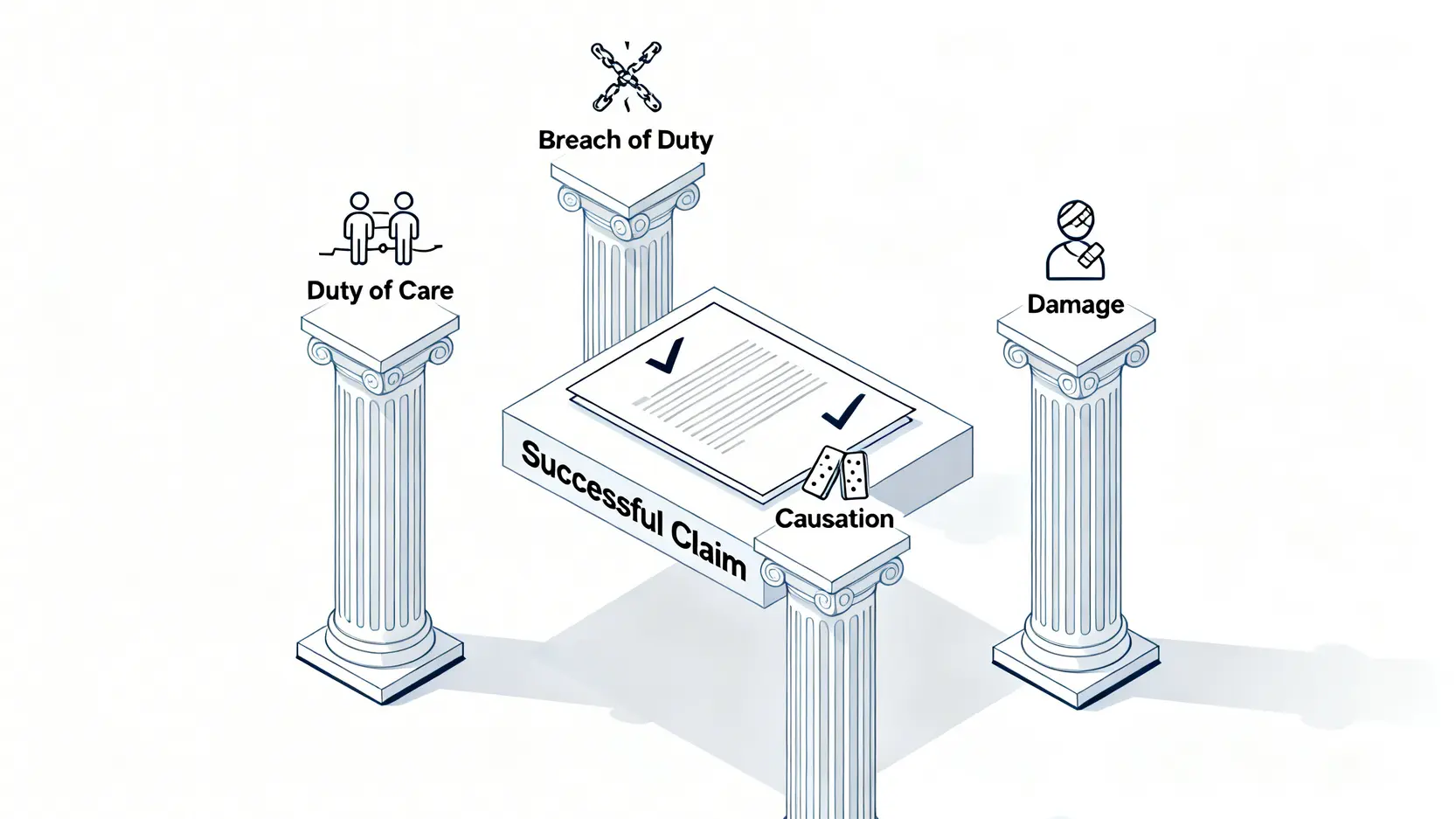 一張示意圖展示構成疏忽索償的四大法律要素:注意責任、違反責任、因果關係和損害,它們如四根支柱共同支撐起成功的索償。