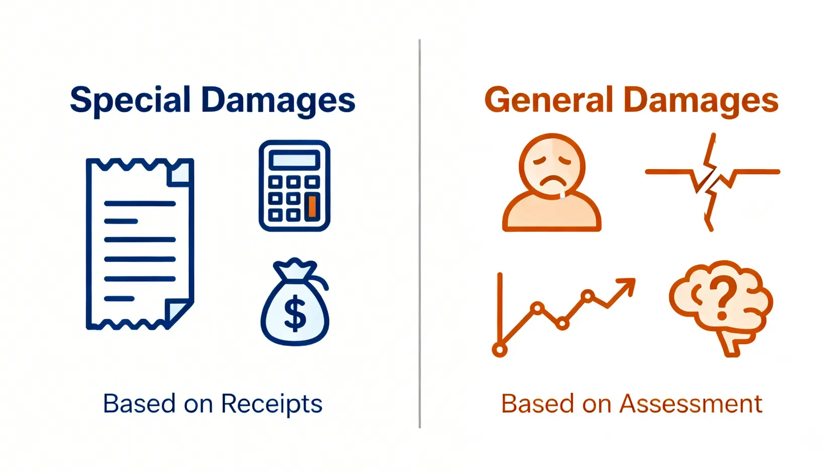 一張圖表對比專項損害賠償與一般損害賠償,左邊顯示收據與金錢代表可實報實銷的開支,右邊顯示傷痛與未來損失等需評估的項目。