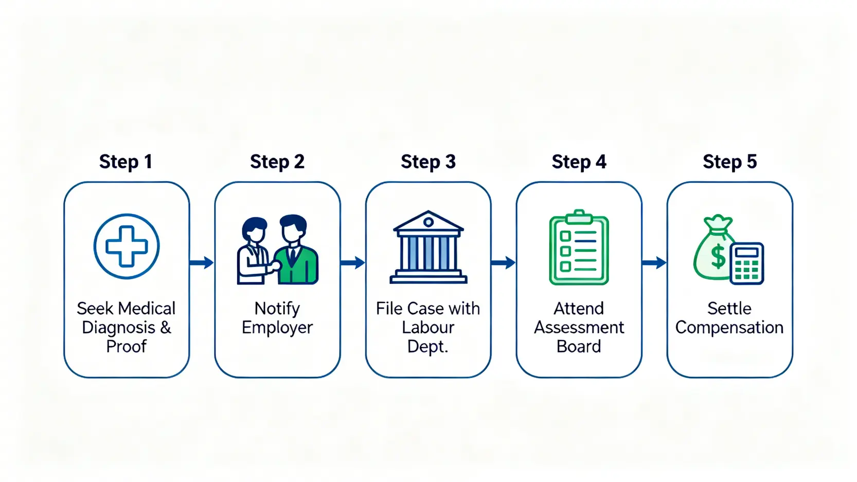 重複性勞損賠償申請的五個步驟流程圖，從求醫、呈報僱主、勞工處立案、判傷會評估到最後計算賠償。