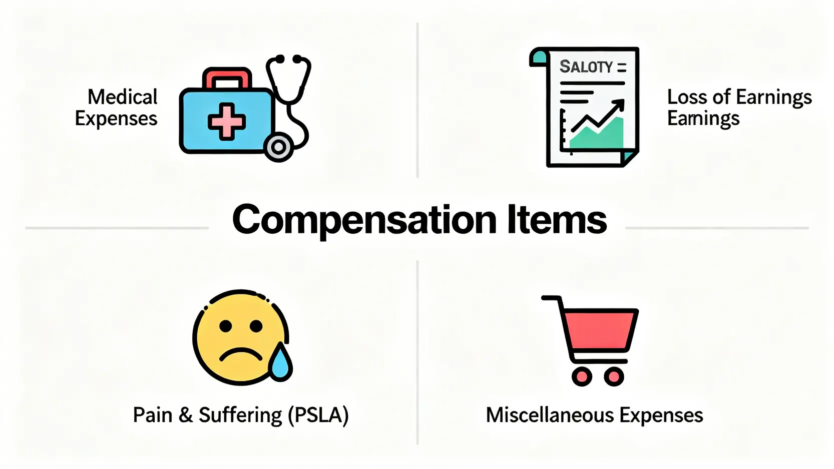 人身傷亡索償可追討的賠償項目圖解,包括醫療費用、收入損失、精神痛苦賠償以及其他雜項開支。