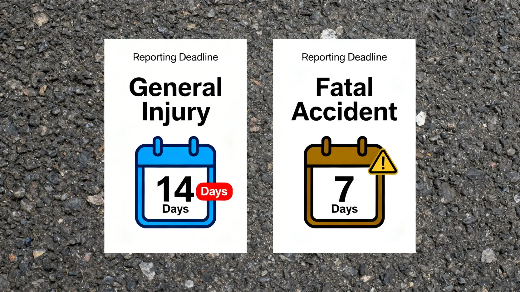 圖表對比一般工傷與死亡個案的法定呈報期限，一般工傷為14天，死亡個案為7天。