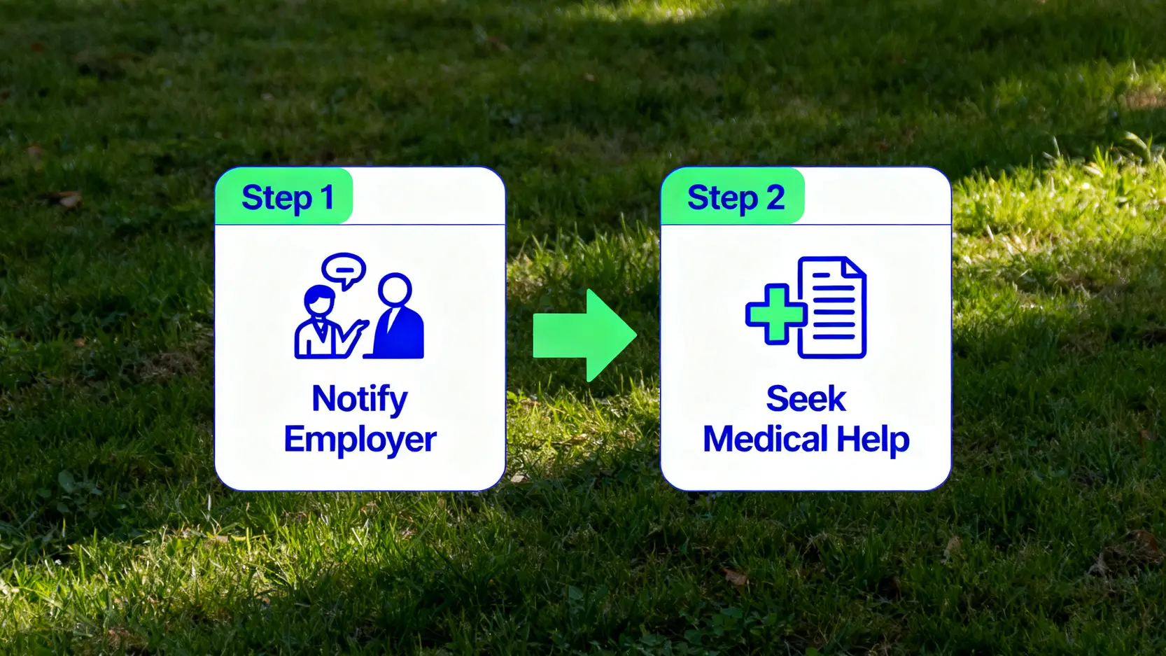【報工傷程序懶人包】呈報時限到勞工處表格全攻略 3 發生工傷意外後,首要處理兩步驟的流程圖:第一步通知僱主,第二步盡快求醫。