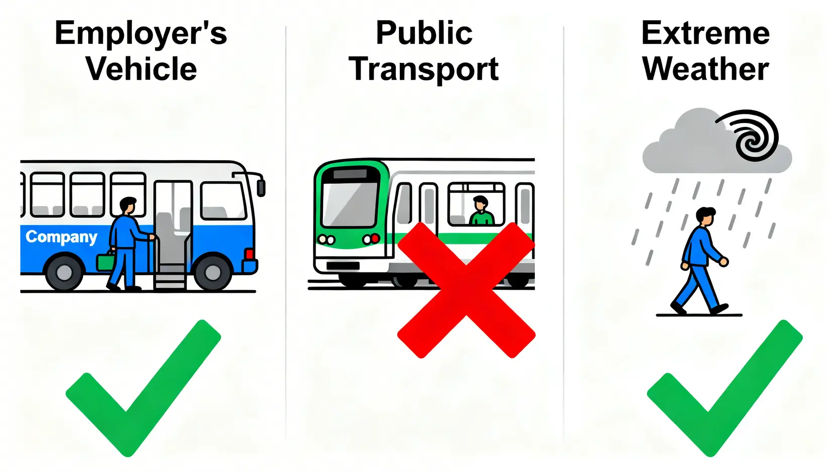 三種上下班通勤情景是否屬於工傷的對比圖，比較乘坐僱主交通工具、公共交通及惡劣天氣下的情況。