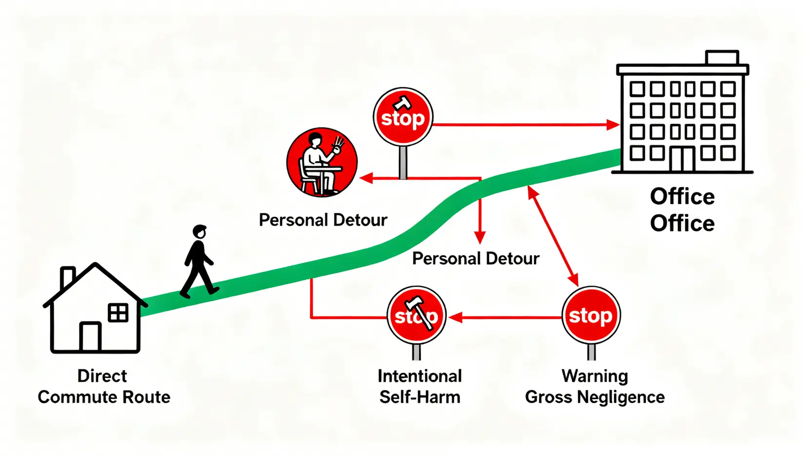 一張示意圖,展示從家到公司的直接通勤路線,並用紅色標示出如私人繞道、故意自傷等不被保障的例外情況。