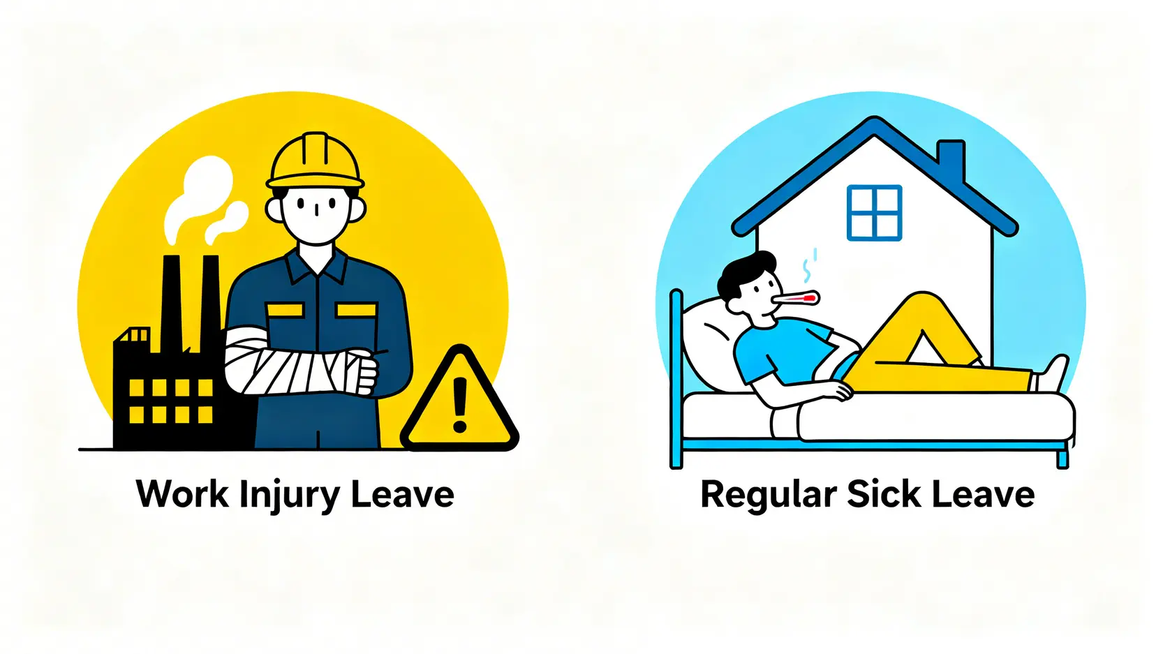 工傷病假懶人包:4/5糧計算、賠償金額及醫療費用索償全攻略 3 工傷病假與普通病假的區別示意圖,左邊是工廠工人受傷,右邊是普通人在家生病。