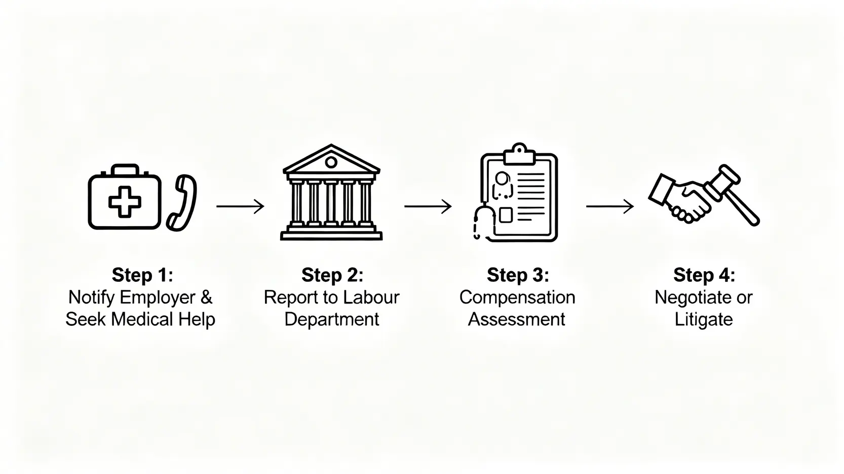 【香港工傷賠償全攻略】計算方法、5大真實案例與索償流程 5 一張展示工傷索償流程的四步流程圖:第一步是通知僱主並求醫,第二步是呈報勞工處,第三步是判傷評估,第四步是協商或訴訟。