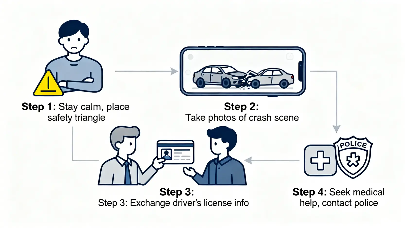 【交通意外賠償2026】行人被撞/的士意外點處理?5步攞足賠償懶人包 3 發生交通意外後應採取的四個步驟流程圖,包括確保安全、拍照存證、交換資料和報警求醫。