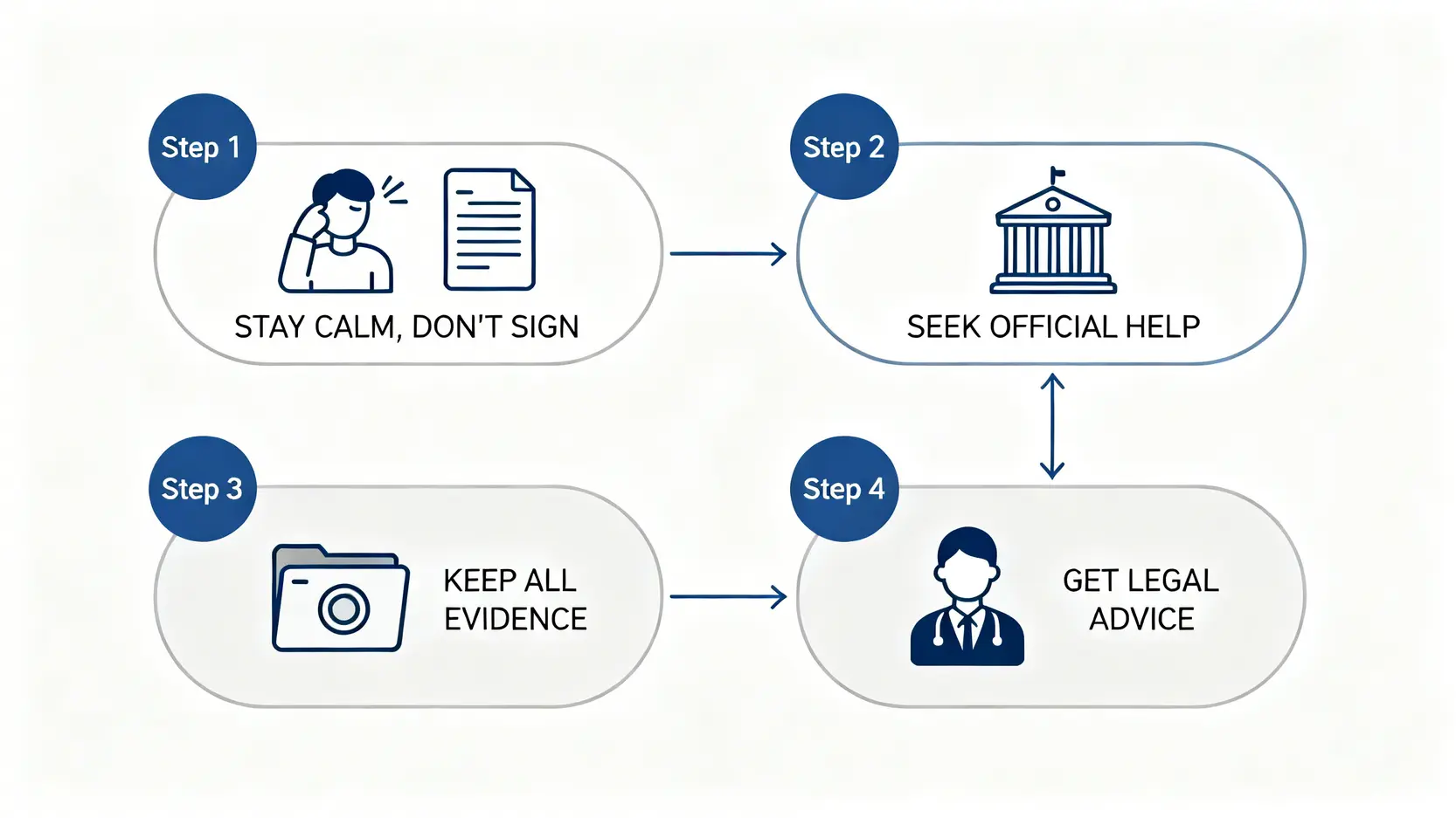 工傷後復工權益指南:工傷期間被解僱點算?一文睇清復工安排、判傷程序與索償權益 4 工傷期間被無理辭退的四個應對步驟流程圖。