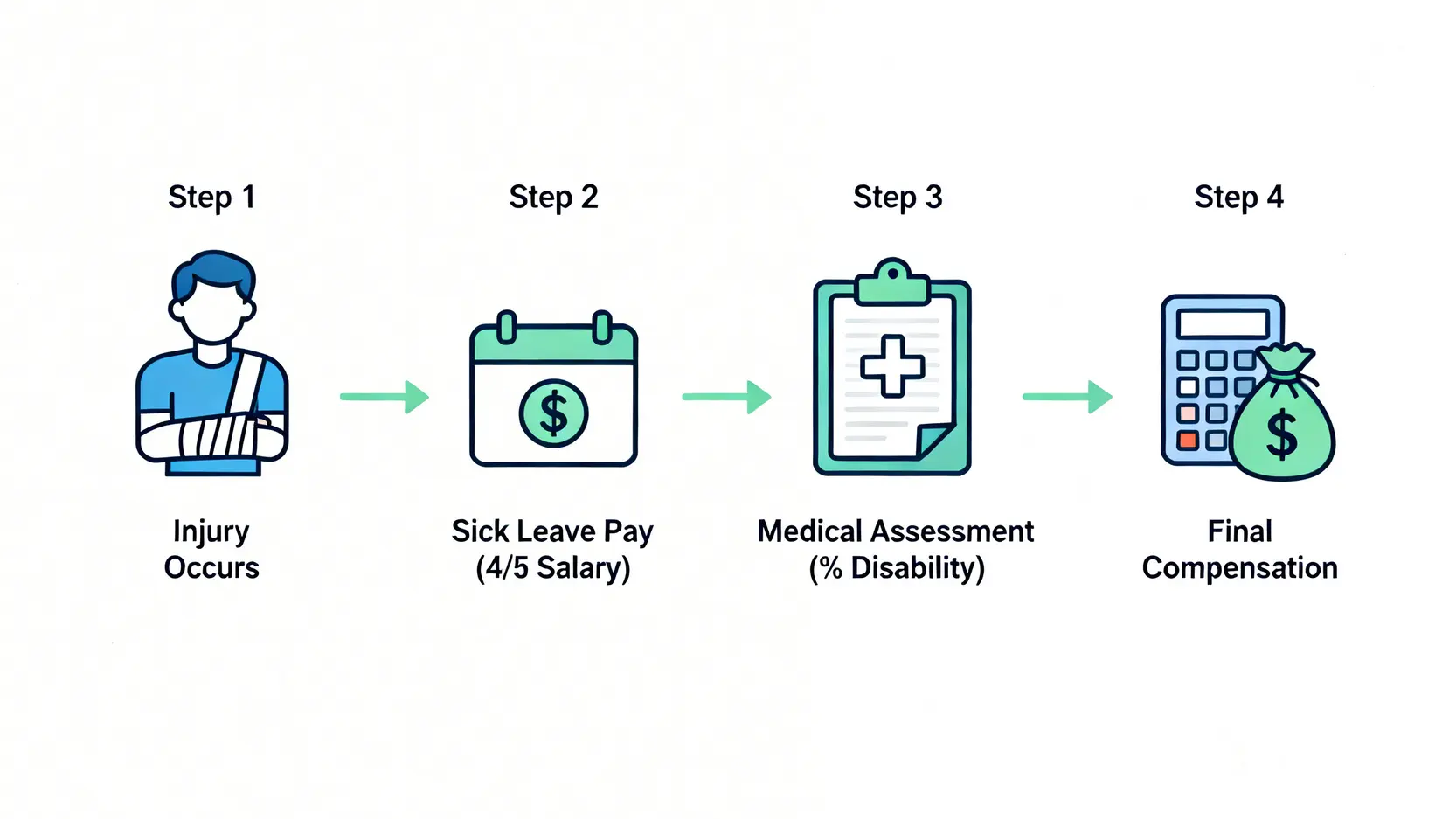 工傷賠償計算:一文睇清工傷病假錢、永久傷殘補償及判傷程序 3 工傷索償流程圖,展示從工傷發生、領取病假錢、進行判傷到計算最終賠償的四個步驟。