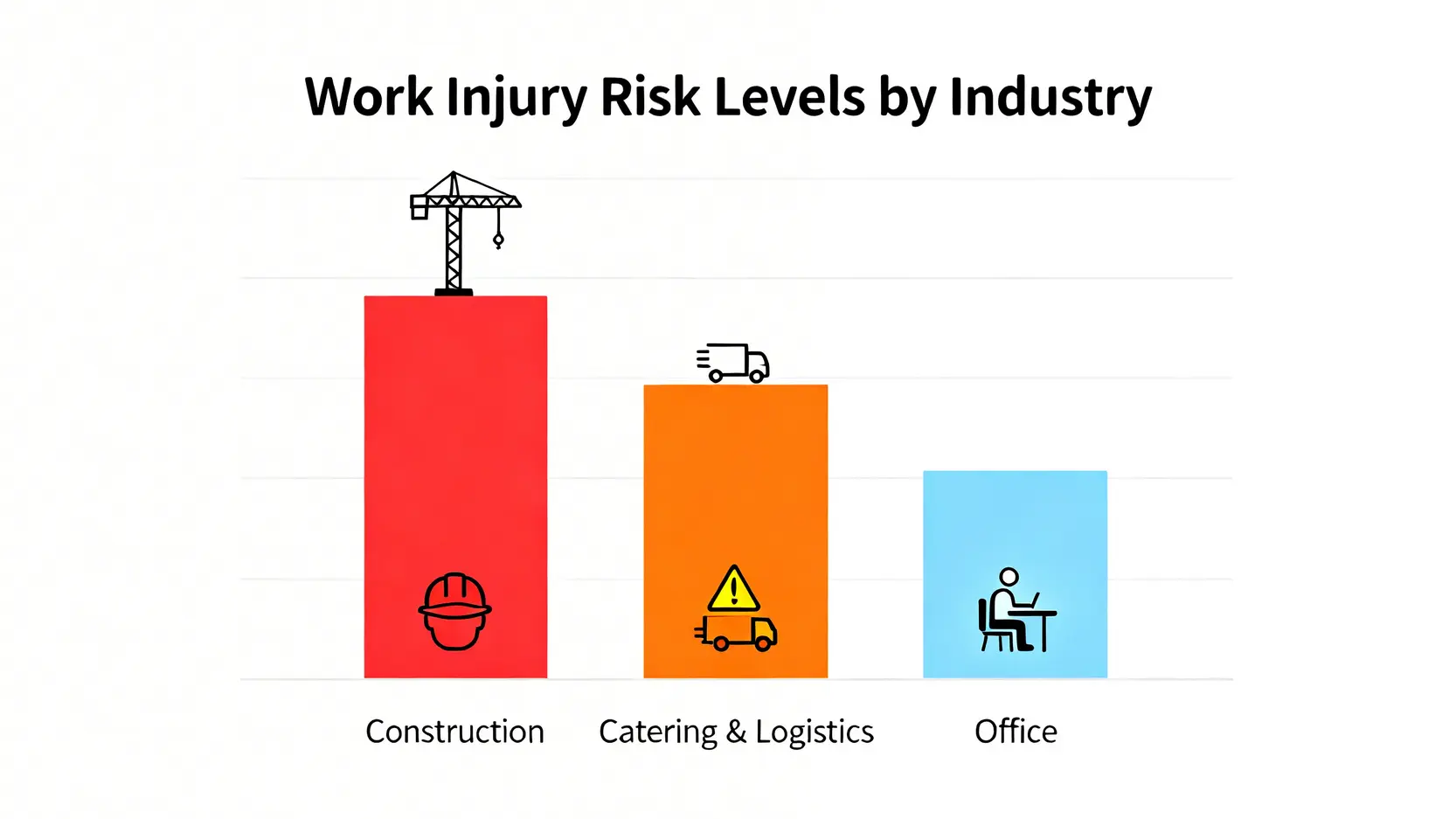 香港工傷率為何高企?從官方行業統計數據看懂風險與預防工傷措施 4 不同行業工傷風險等級對比圖,顯示建造業風險最高,餐飲物流業次之,辦公室風險最低。