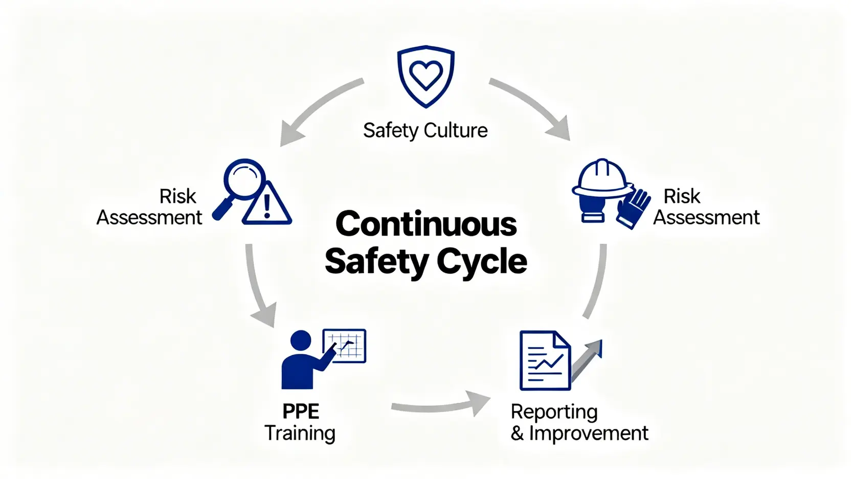 香港工傷率為何高企?從官方行業統計數據看懂風險與預防工傷措施 5 預防工傷的五大核心措施循環圖,包括建立安全文化、風險評估、個人防護裝備、員工培訓和工傷呈報與改善。