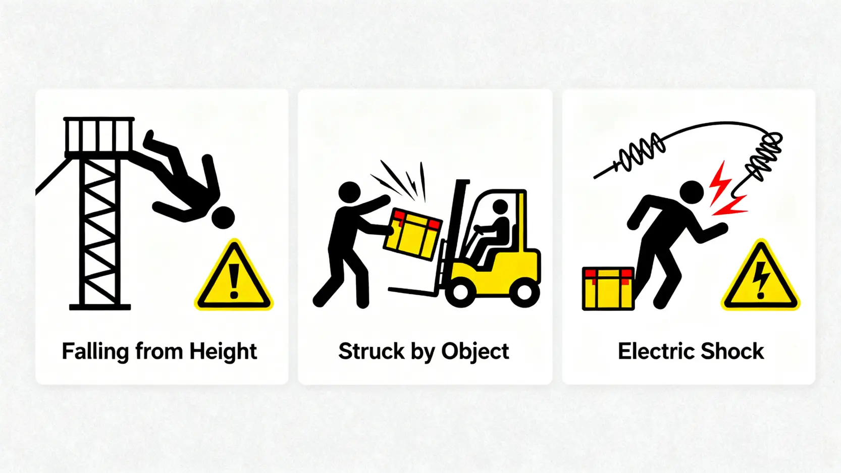 香港工傷率為何高企?從官方行業統計數據看懂風險與預防工傷措施 3 三大嚴重工傷原因示意圖,包括從高處墮下、被移動物件撞擊和觸電。