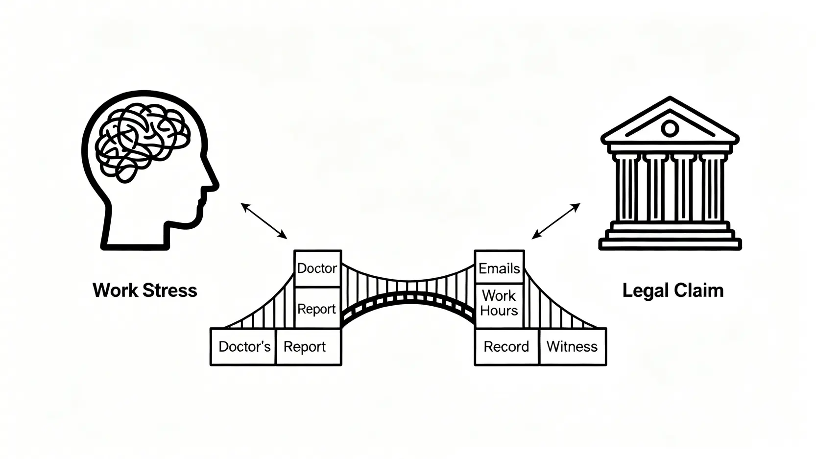 精神病工傷賠償全攻略:工作壓力導致抑鬱症,如何根據《僱員補償條例》索償? 3 一張示意圖,展示如何透過醫生報告、電郵和工時記錄等證據,將主觀的工作壓力與合法的工傷索償連結起來。