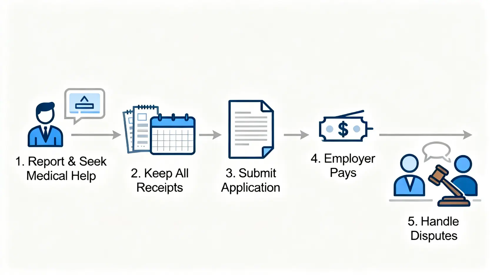 工傷醫療費用申請全攻略:即睇實報實銷上限、流程及發還醫藥費教學 4 申請發還工傷醫療費用的五個步驟流程圖,從呈報、保存單據、提交申請、僱主支付到處理爭議。