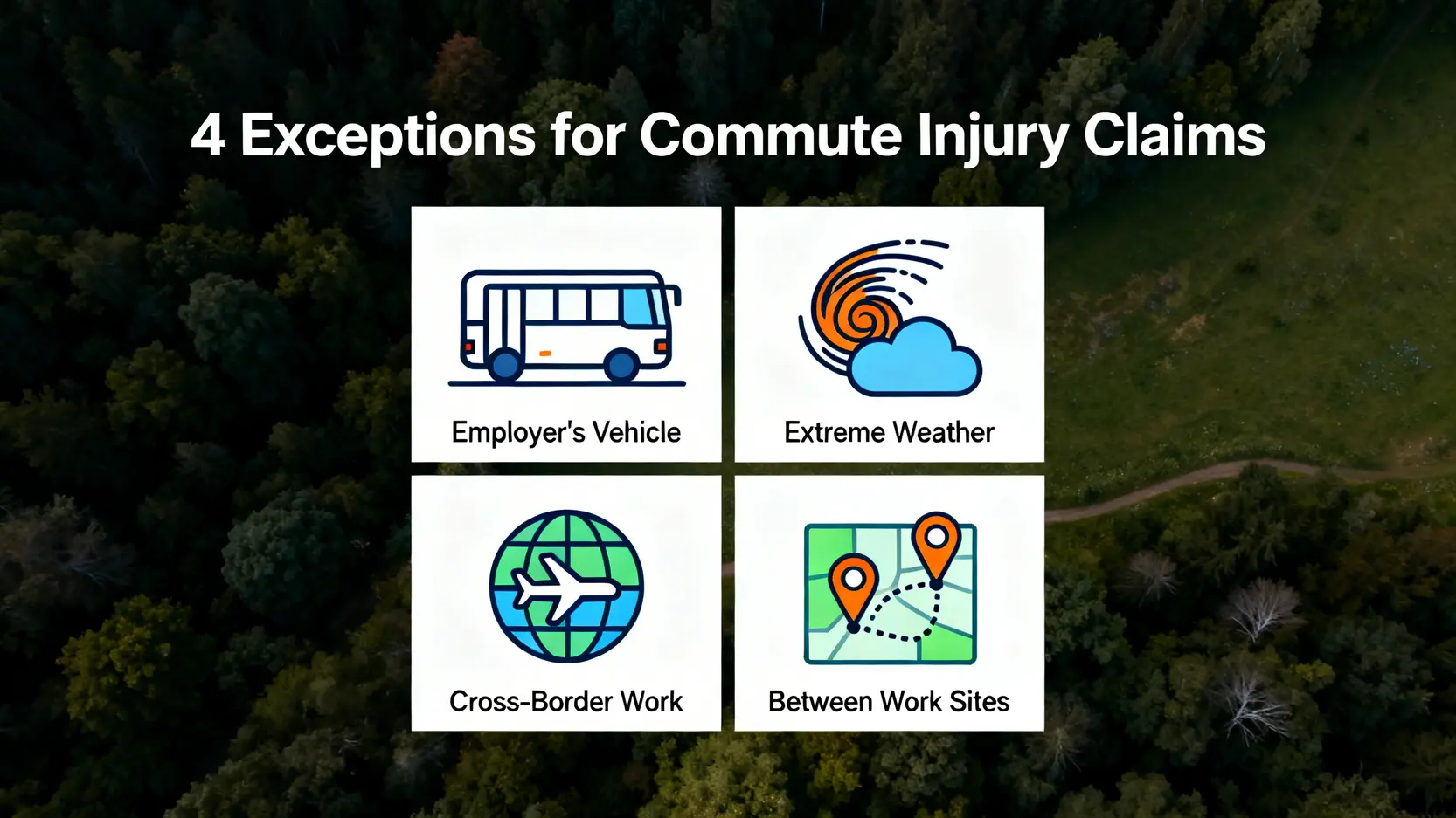 上下班途中受傷算工傷嗎?香港勞保必睇:4大例外情況與索償指南 3 示意圖展示了上下班交通意外可被視為工傷的四種例外情況,包括乘坐公司交通、惡劣天氣、跨境工作及往返不同工作地點。