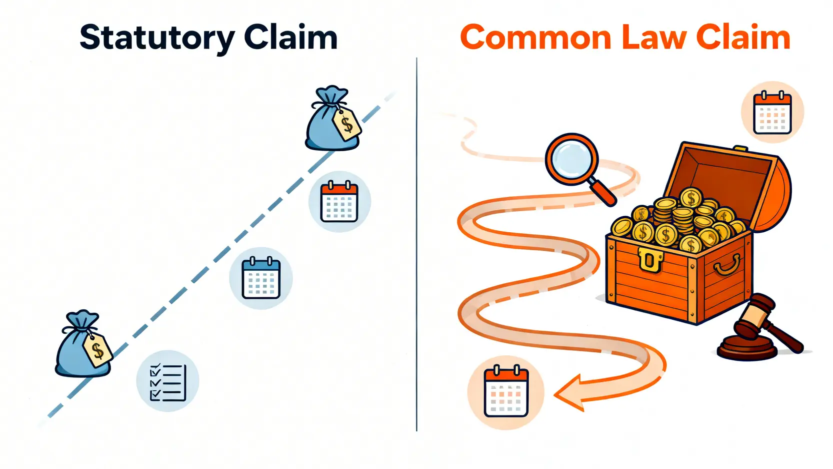 工傷索償案例分享:律師解析5個普通法疏忽索償個案及賠償金額 3 工傷索償雙軌制比較圖,展示了《僱員補償條例》和普通法疏忽索償在流程、難度及賠償金額上的主要區別。