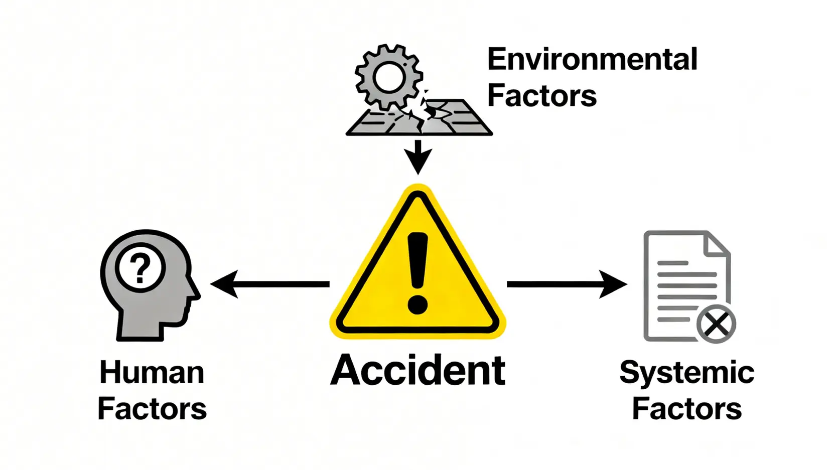 香港近期工業意外頻傳?一文看懂建造業工傷統計、致命個案及預防關鍵 4 工傷意外三大根本成因示意圖:人的因素、硬體與環境因素、制度與文化因素。