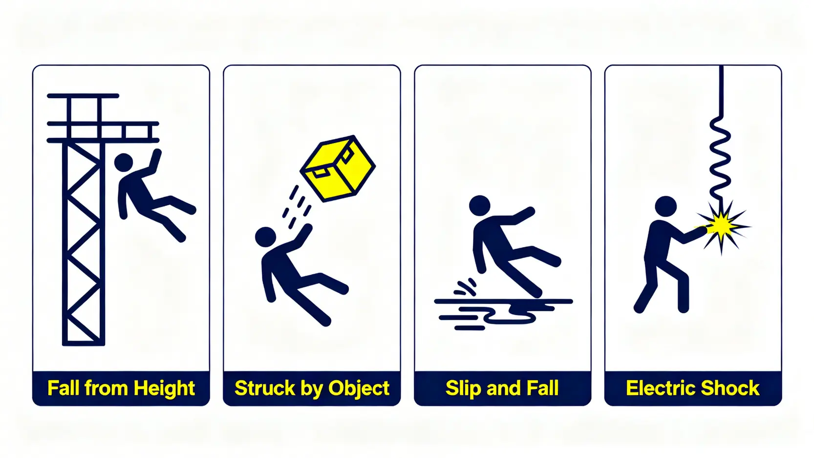 香港近期工業意外頻傳?一文看懂建造業工傷統計、致命個案及預防關鍵 3 四大常見建造業工傷意外類型圖示,包括高處墮下、物體撞擊、滑倒和觸電。
