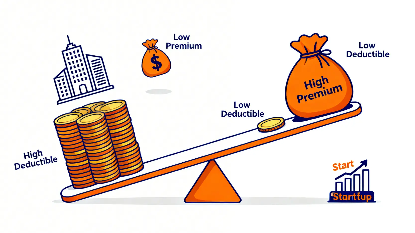 【勞工保險懶人包】搞懂僱員補償保險比較、墊底費及報工傷影響 4 一張蹺蹺板對比圖,顯示高墊底費對應低保費,適合大型企業;而低墊底費對應高保費,適合初創公司。