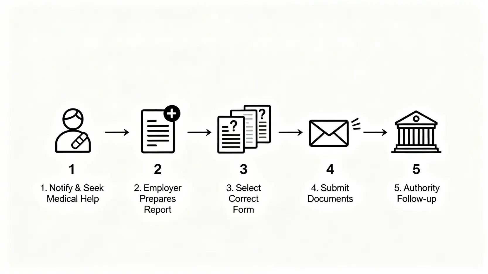 【工傷呈報懶人包】呈報工傷程序、14日時限及勞工處表格全攻略 4 一張展示呈報工傷五個步驟的流程圖,從意外通知、僱主準備、選擇表格、遞交文件到勞工處跟進。
