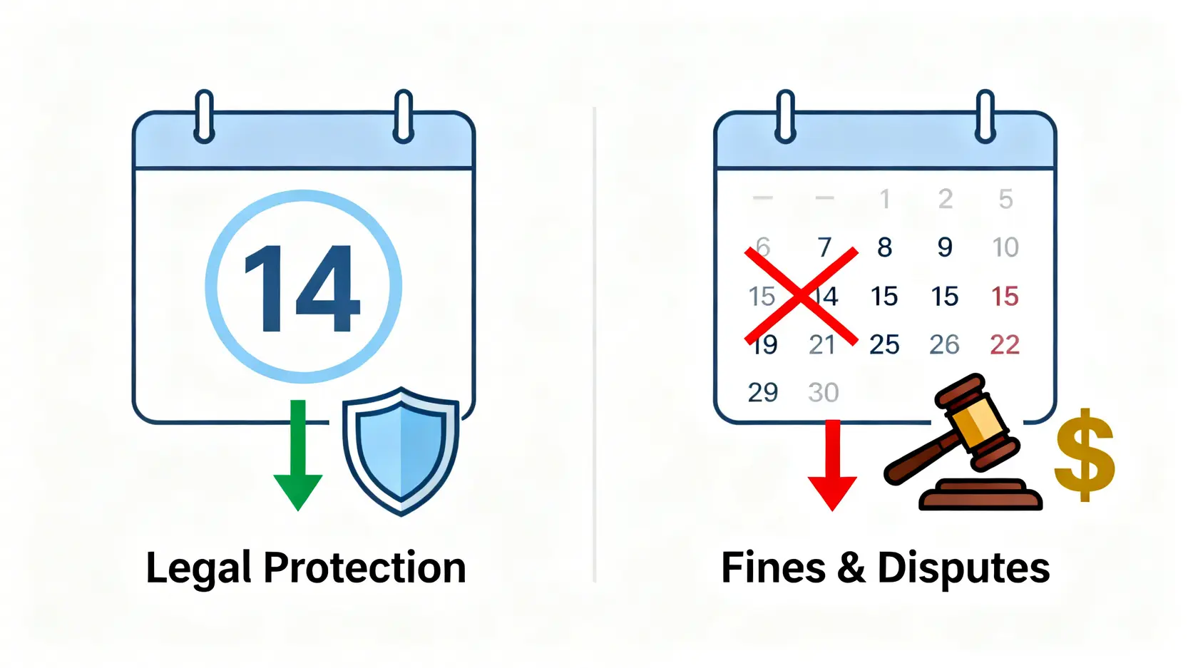 【工傷呈報懶人包】呈報工傷程序、14日時限及勞工處表格全攻略 3 一張圖表說明準時呈報工傷與延誤呈報的後果對比,左邊是14天內呈報獲得法律保障,右邊是延誤呈報導致罰款與爭議。