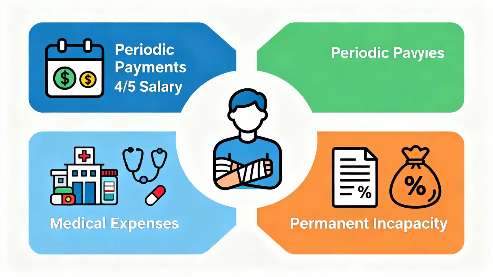 工傷五分四計算終極指南:教你拎足工傷假人工及補償金額 4 一張概念圖展示工傷僱員可申領的三大主要補償項目:按期付款(五分四人工)、醫療費用,以及永久傷殘補償。