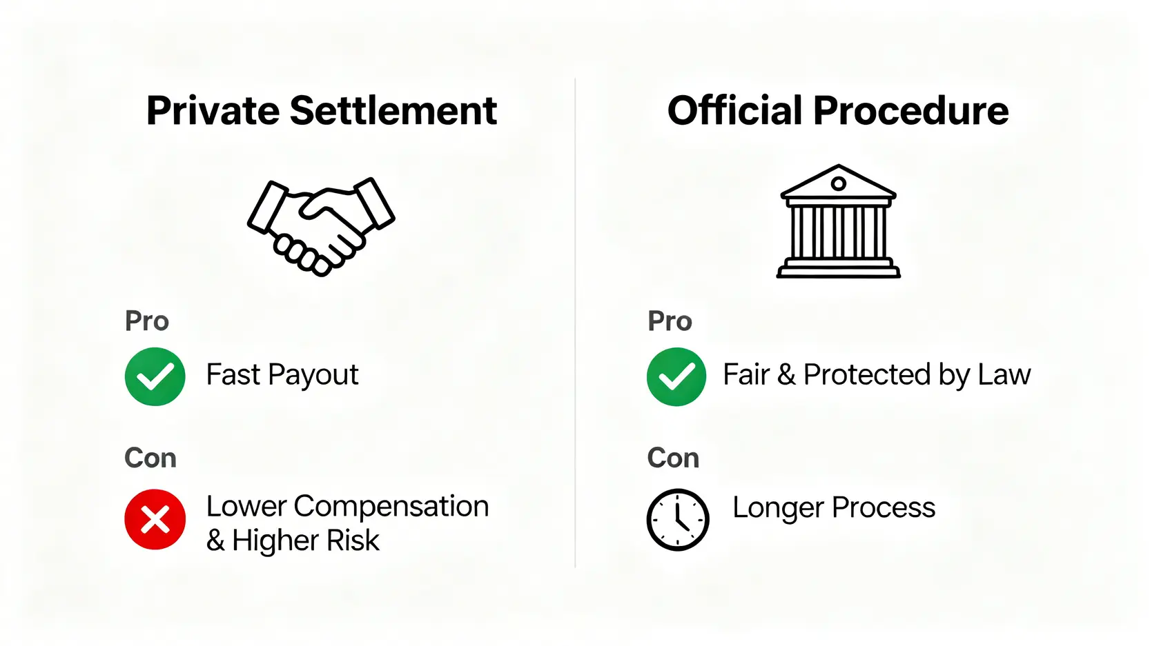 工傷判傷程序全攻略:勞工處申報、和解協議至永久補償計算 5 工傷和解協議(私了)與官方判傷程序的利弊對比圖。