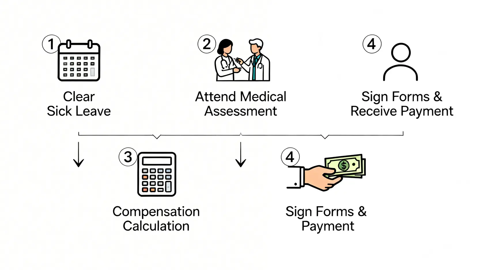 【工傷索償程序懶人包】報工傷、法援申請到律師推薦5步保障權益 4 工傷索償官方程序四個階段流程圖,從辦理銷假、出席判傷、計算賠償到領取賠償金。