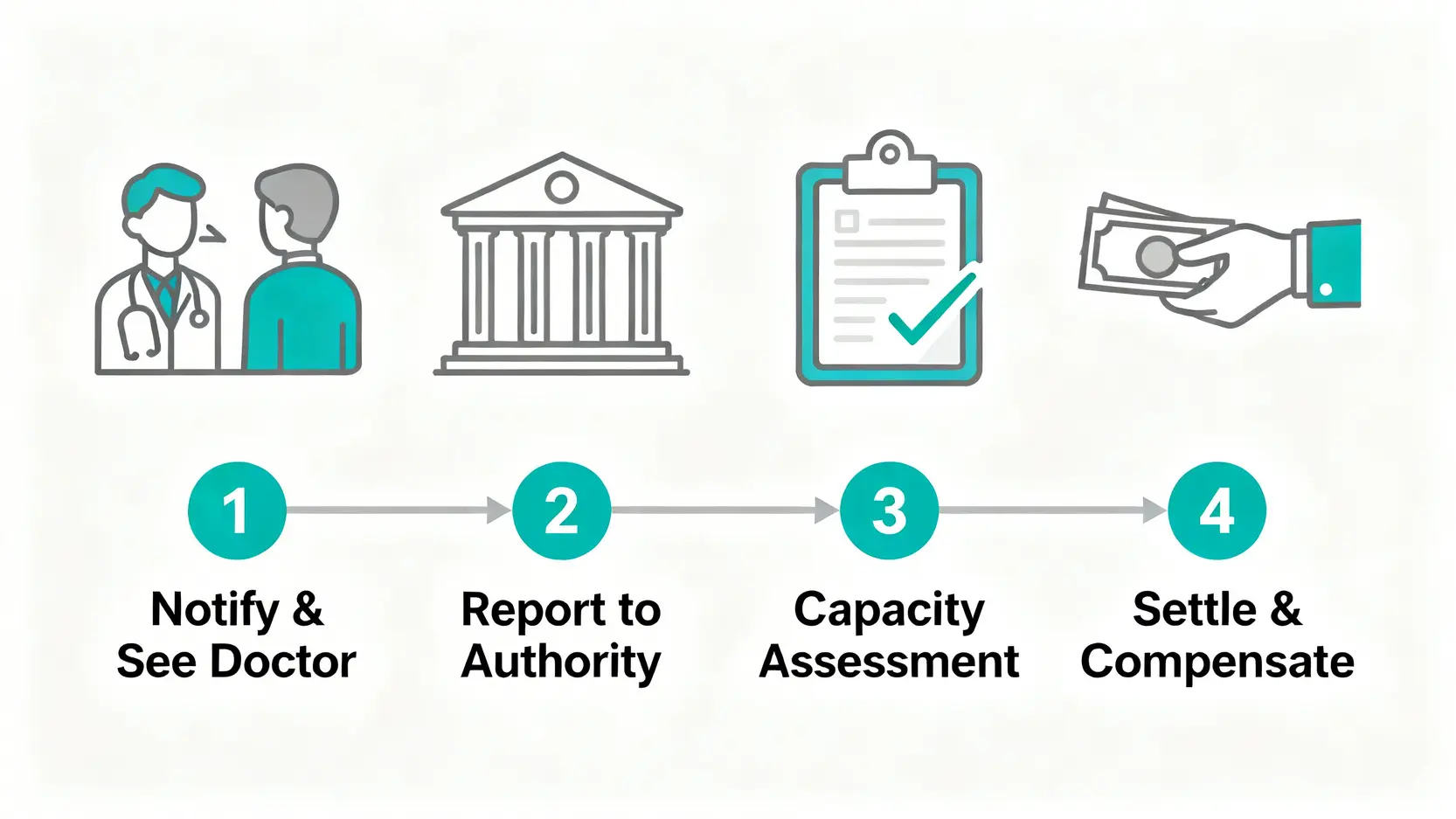 職業病與工傷分別在哪?香港職業病定義、5大補償項目及索償程序全解 4 一張展示職業病補償申請流程的四步驟流程圖:1. 求醫及通知僱主;2. 向勞工處呈報;3. 進行判傷評估;4. 解決爭議及獲取補償。