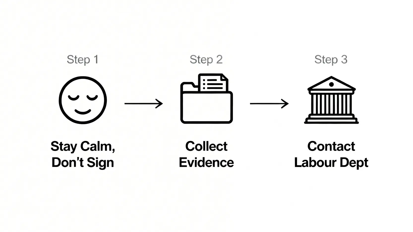 工傷期間被解僱?2026僱員權益必讀:教你用《僱員補償條例》保障自己 4 應對工傷期間被解僱的三步驟流程圖:保持冷靜、搜集證據、聯絡勞工處。