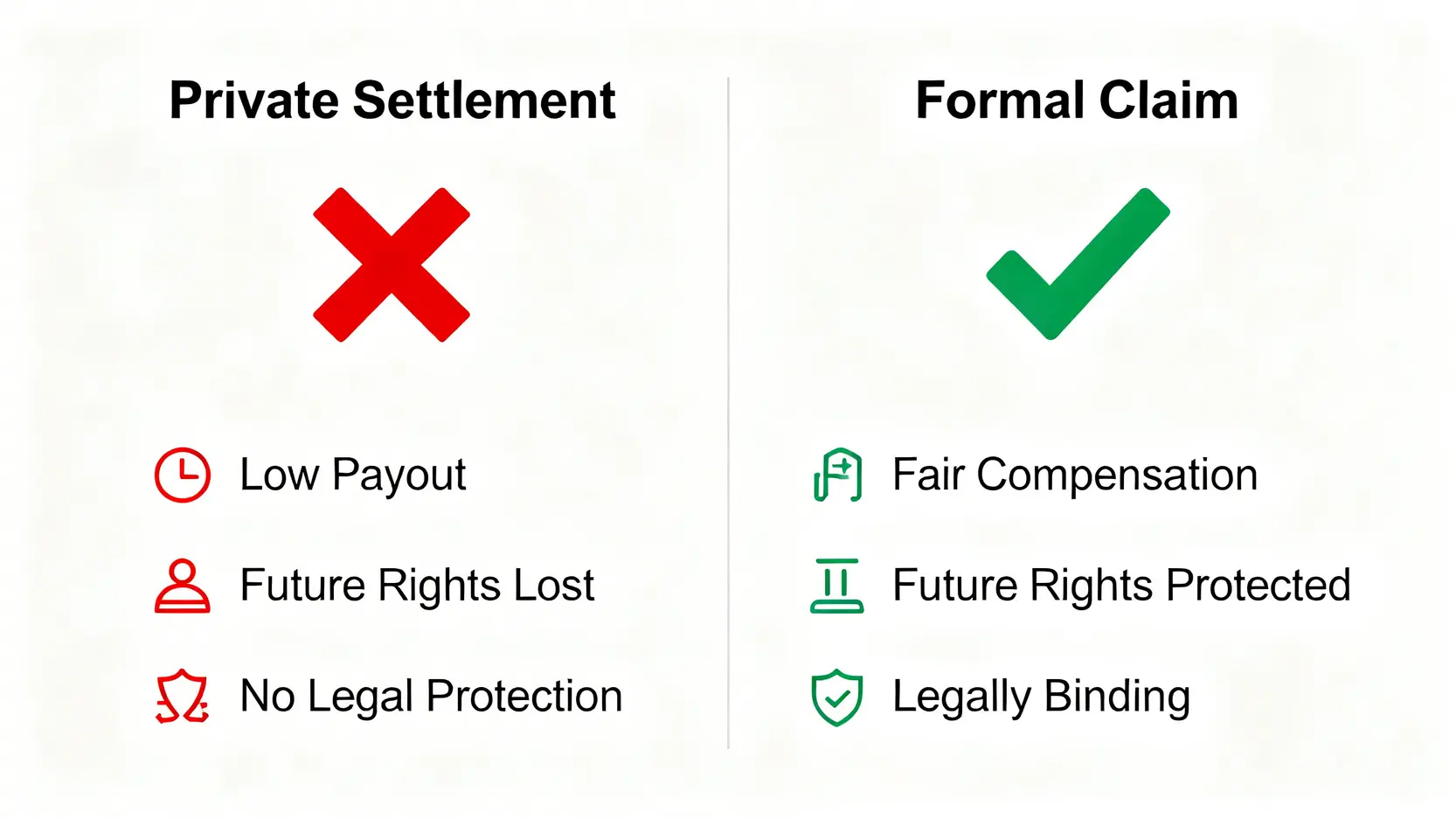 工傷賠償個案大揭秘:結合討論區分享,5步教你拎足賠償 5 圖表對比工傷私了與循法律途徑索償的風險與保障,顯示私了風險高而保障低。