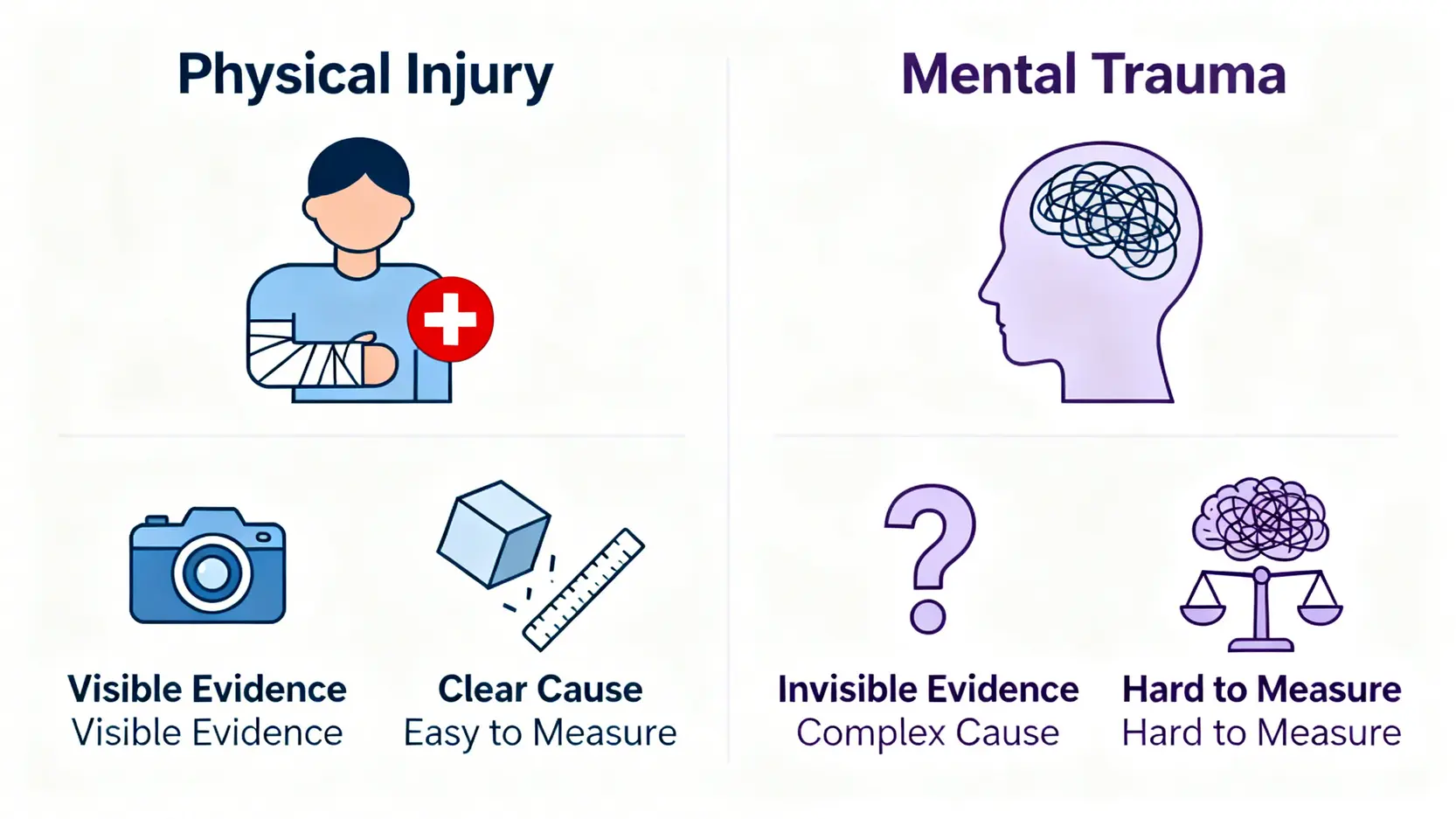 工傷精神創傷索償全攻略:律師教你5步為PTSD成功索償 3 一張對比圖,顯示工傷中的身體傷害與精神創傷在索償證據上的差異。