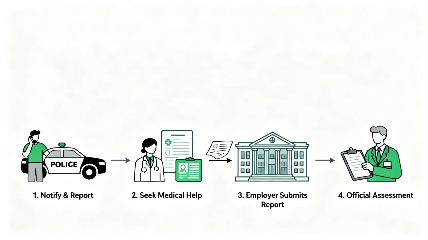 返工途中工傷有得賠?律師解析4大例外情況、索償程序全攻略 4 上下班交通意外工傷索償的四個步驟流程圖,包括通知僱主、求醫、僱主呈報及勞工處判傷。