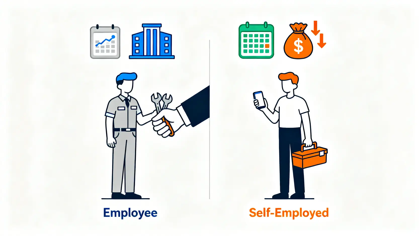 【工傷定義全解構】上下班途中受傷計唔計?一文睇清僱員補償條例保障範圍 4 一張對比圖,展示了僱員與自僱人士的分別,包括在控制權、工具提供和財務風險方面的差異。