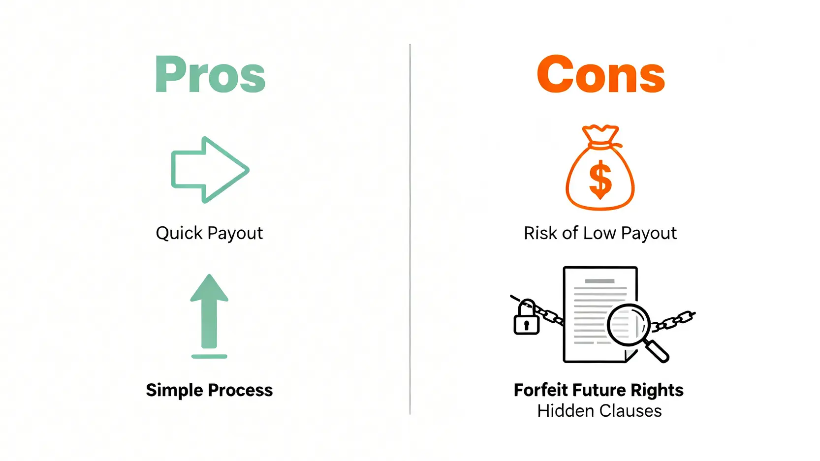 工傷判傷程序全攻略:勞工處評估、和解協議及律師諮詢須知 4 工傷私了和解協議的利弊分析圖,左邊列出快速獲得賠償和程序簡便的優點,右邊警示賠償偏低、放棄未來權利和條款陷阱的風險。