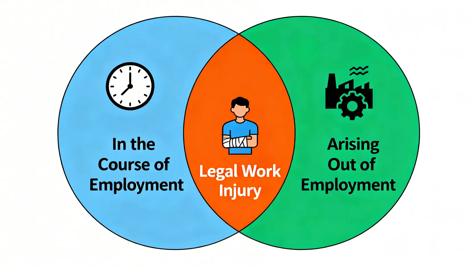 工傷索償必讀:5大關鍵釐清香港工傷定義與保障範圍,不懂證明僱傭關係隨時無得賠! 3 一張圖解香港工傷定義的示意圖,顯示工傷必須同時滿足『在僱用期間』和『因工』兩個條件。