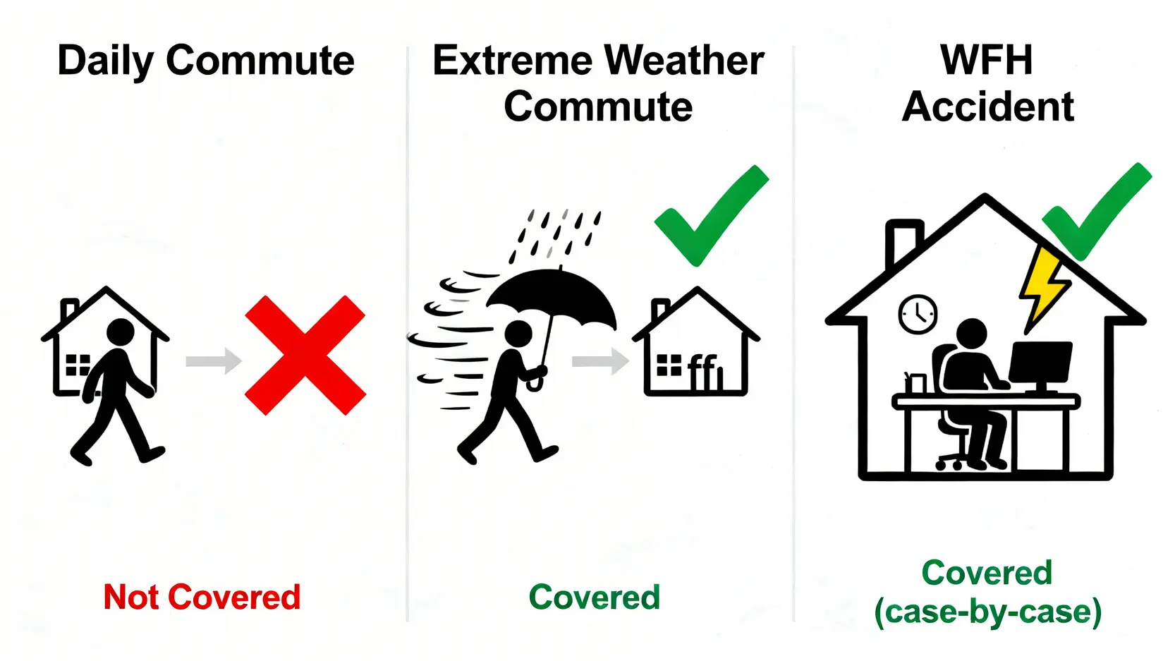 香港工傷完全指南:由定義、呈報程序到病假錢計算 (僱員補償條例懶人包) 3 一張對比圖,展示三種工傷灰色地帶:正常的上下班通勤不獲保障,惡劣天氣下通勤受保障,以及在家工作時發生意外視情況而定。